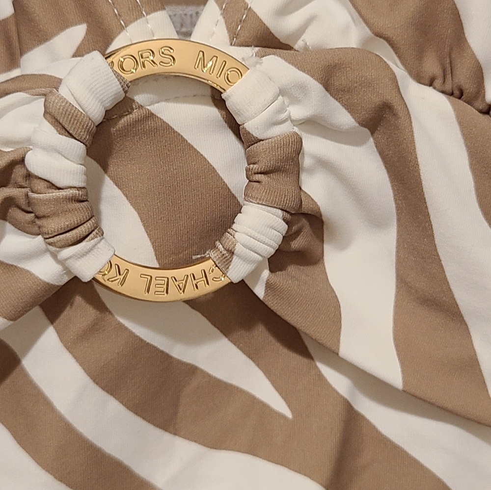 2 PC MICHAEL KORS MK WHITE TAN ZEBRA ANIMAL PRINT LOGO TANKINI BIKINI NWT - Picture 7 of 15